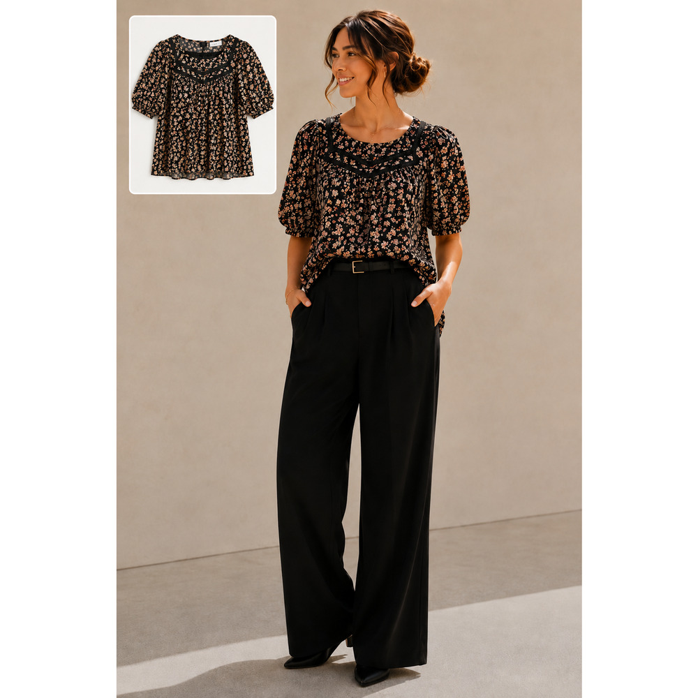 Lucky Brand Floral Puff Sleeve Boho Angel Top XS Cottagecore